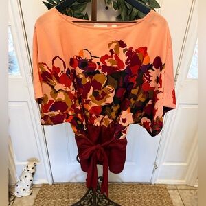 New York & Company Colorful Abstract Floral Print Top Blouse L